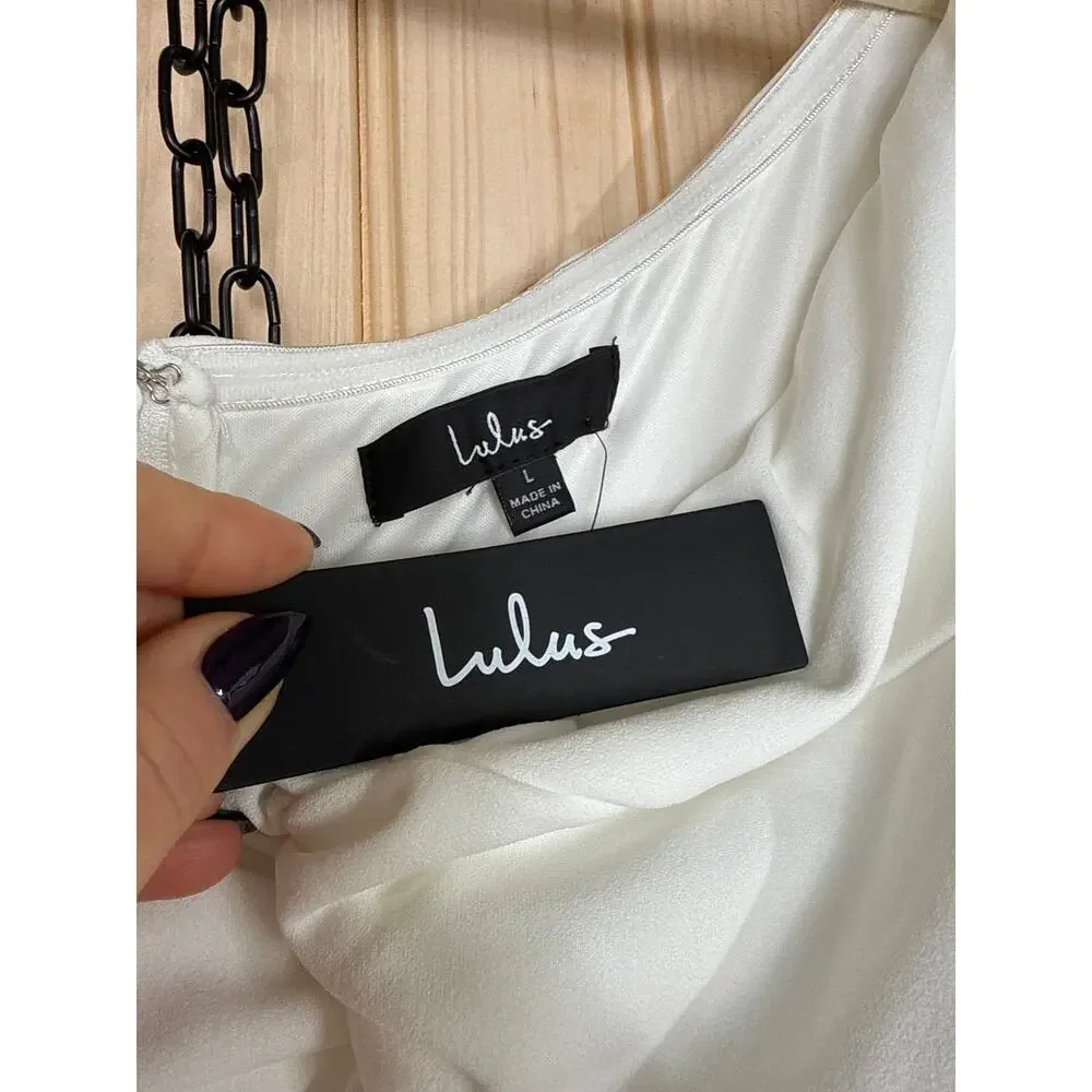 NWT Lulus Stunning Existence White Off-the-Shoulder Knot-Front Jumpsuit Size L